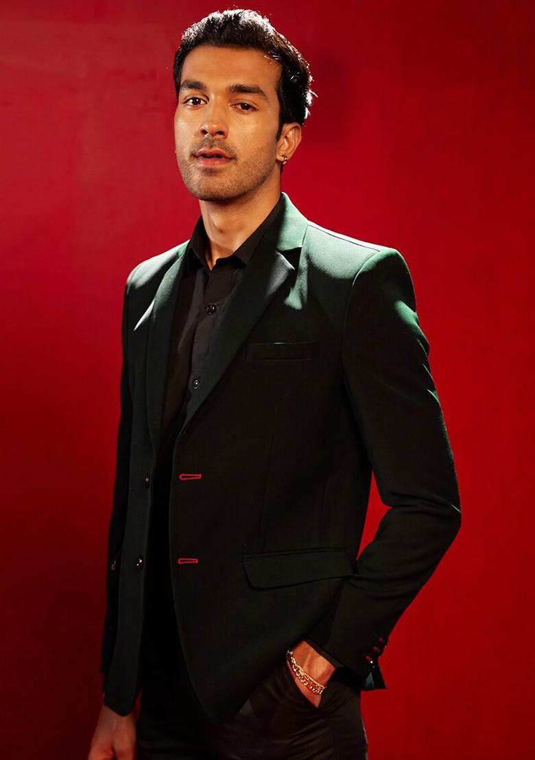 Green Solid Poly Blend Blazers For Men