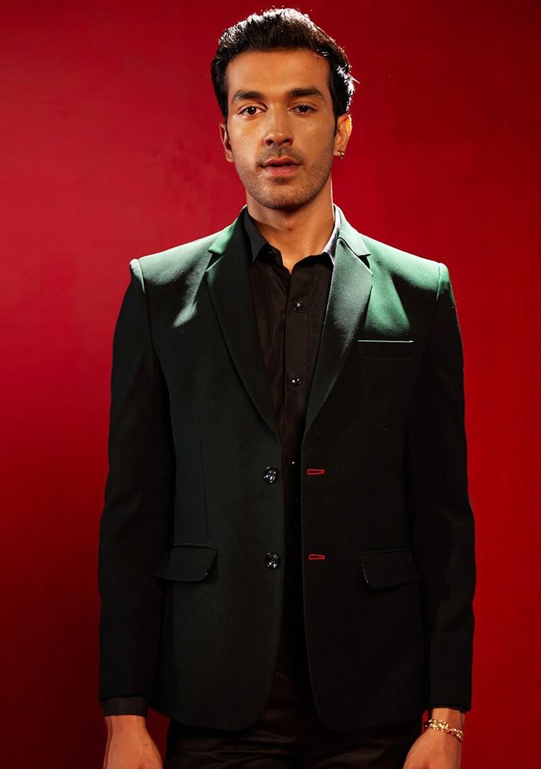 Green Solid Poly Blend Blazers For Men