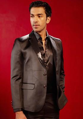 Black Sequin Work Poly Blend Blazers For Men