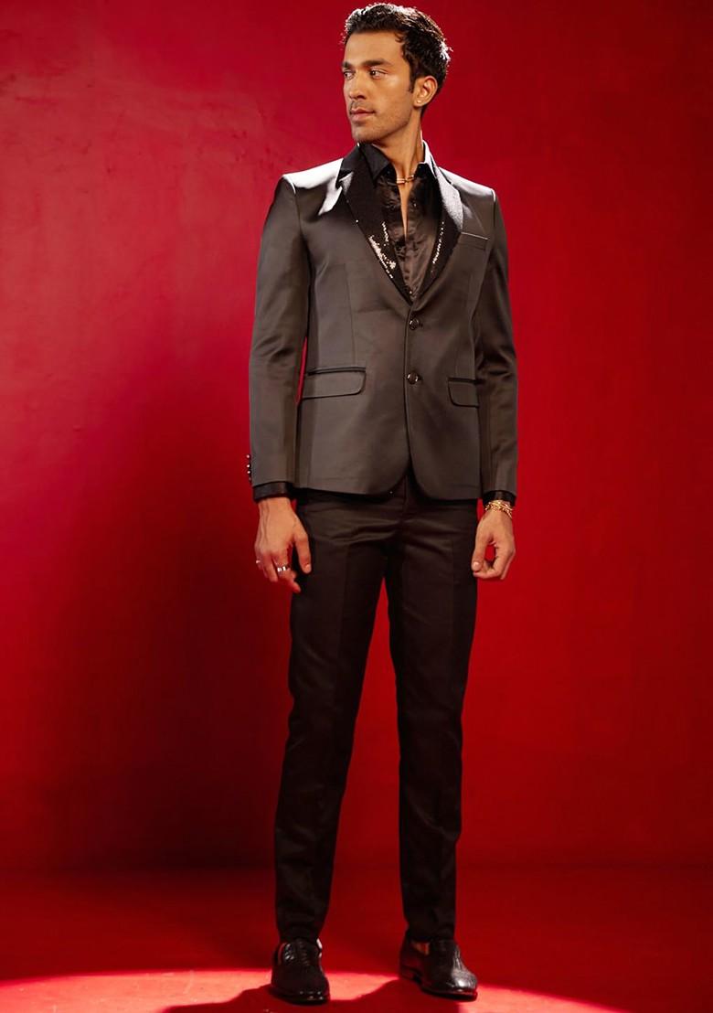 Black Sequin Work Poly Blend Blazers For Men