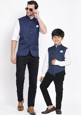 Navy Blue Woven Poly Blend Nehru Jacket For Men