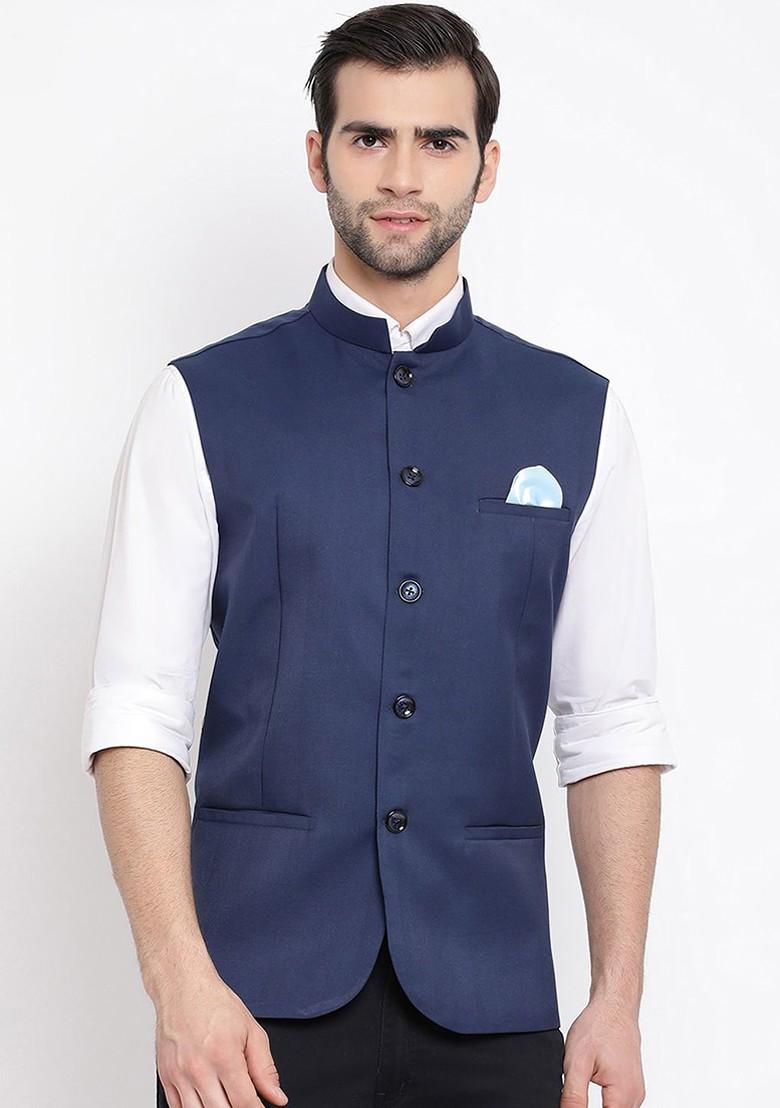 Navy Blue Woven Poly Blend Nehru Jacket For Men