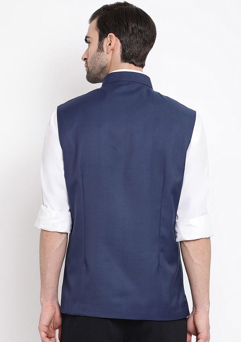 Navy Blue Woven Poly Blend Nehru Jacket For Men