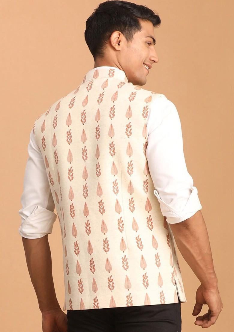 Cream Ethnic Motifs Cotton Nehru Jacket For Men