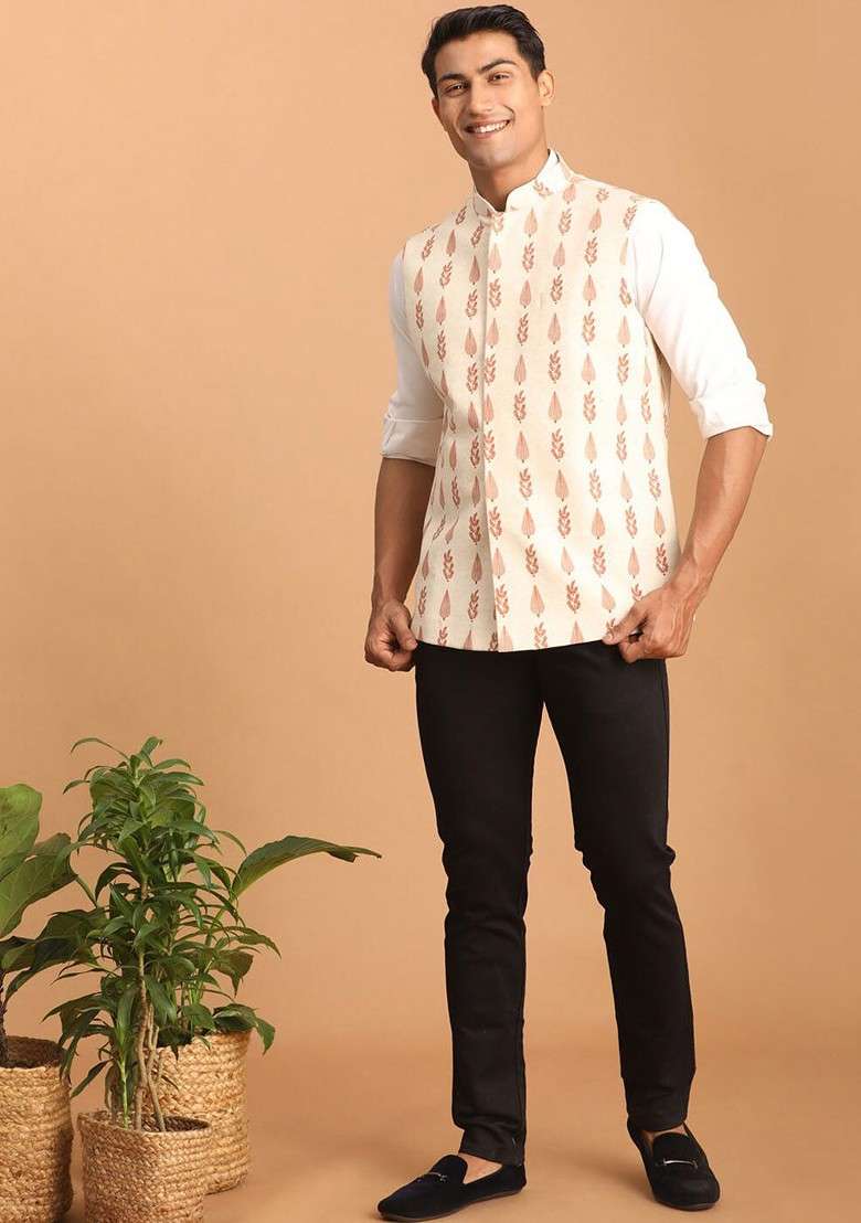 Cream Ethnic Motifs Cotton Nehru Jacket For Men - Indya