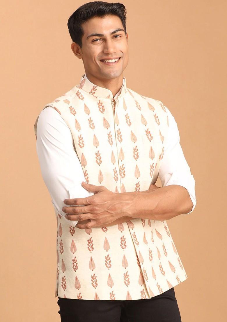 Cream Ethnic Motifs Cotton Nehru Jacket For Men