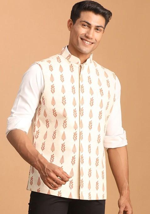 Cream Ethnic Motifs Cotton Nehru Jacket For Men — view on Indya