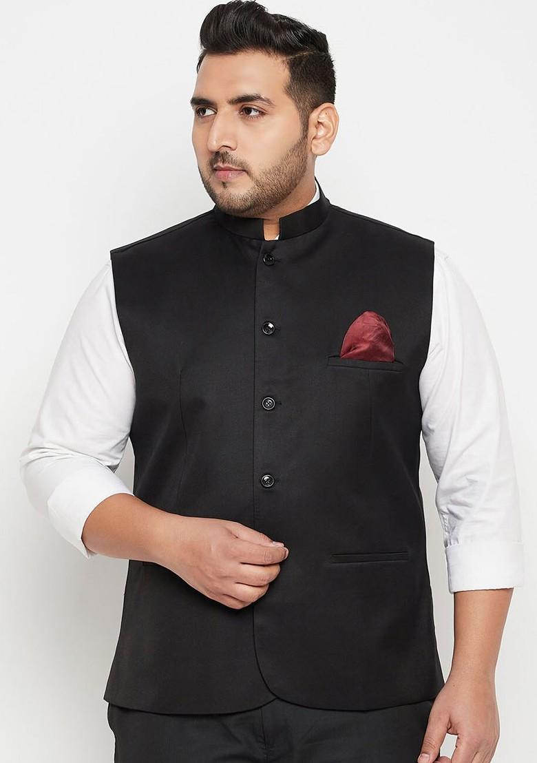 Black Woven Poly Blend Nehru Jacket For Men
