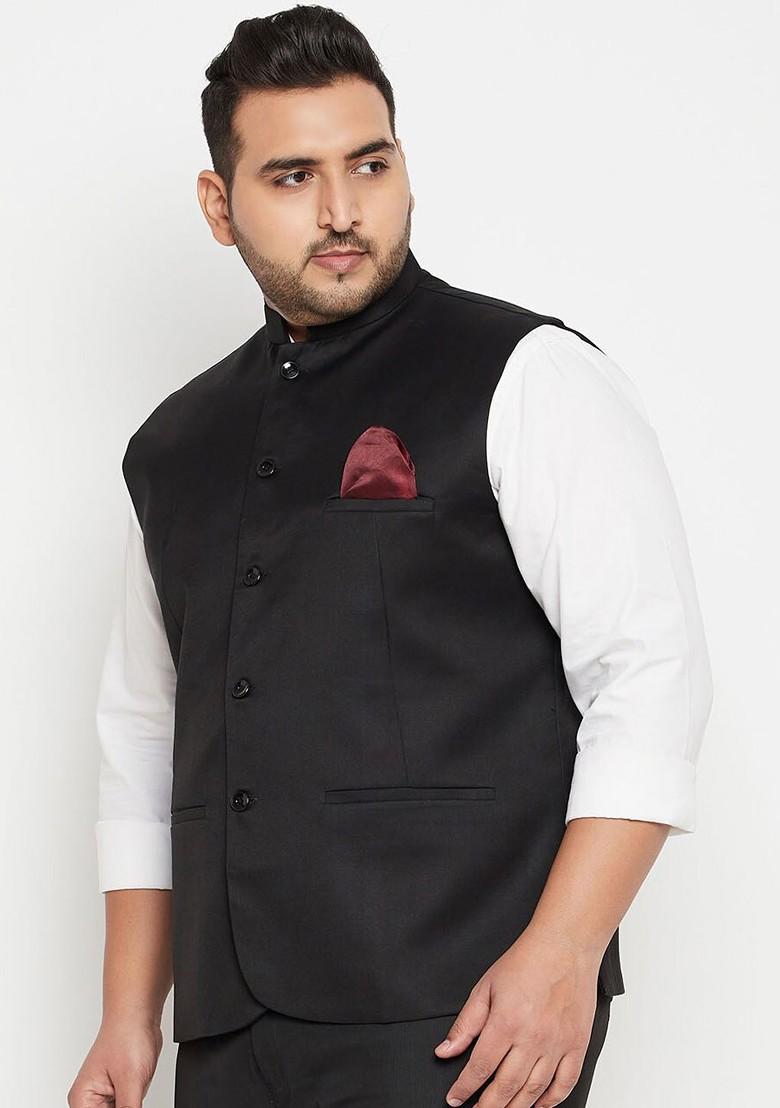 Black Woven Poly Blend Nehru Jacket For Men