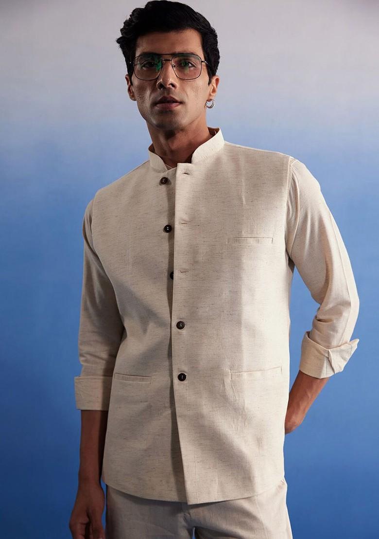 Cream Solid Cotton Nehru Jacket For Men