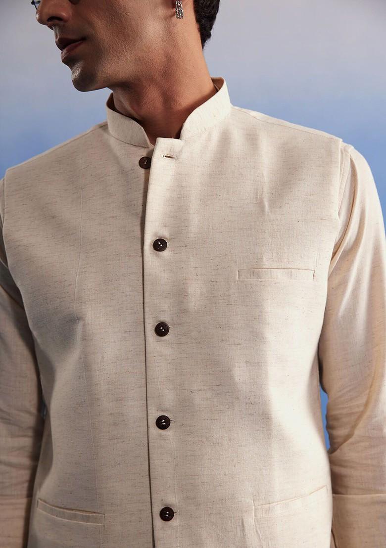 Cream Solid Cotton Nehru Jacket For Men