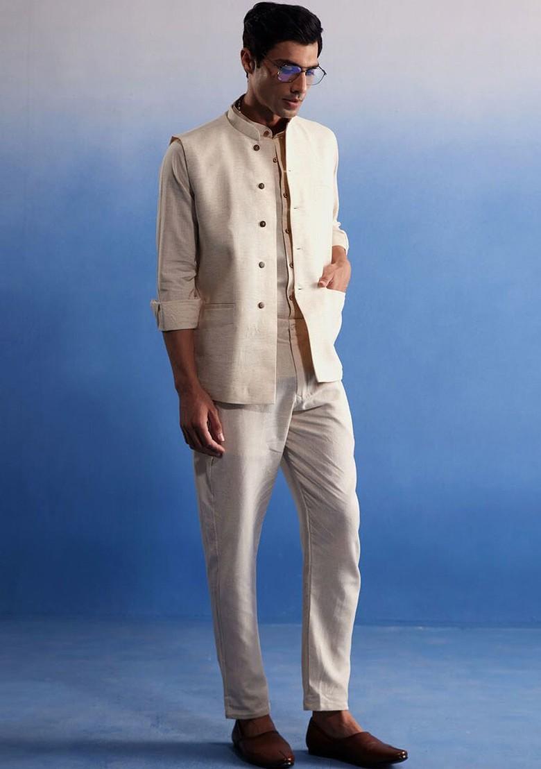 Cream Solid Cotton Nehru Jacket For Men