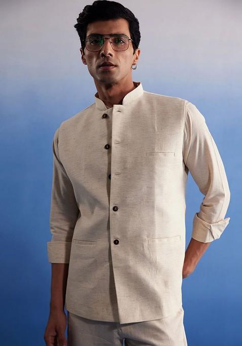 Cream Solid Cotton Nehru Jacket For Men