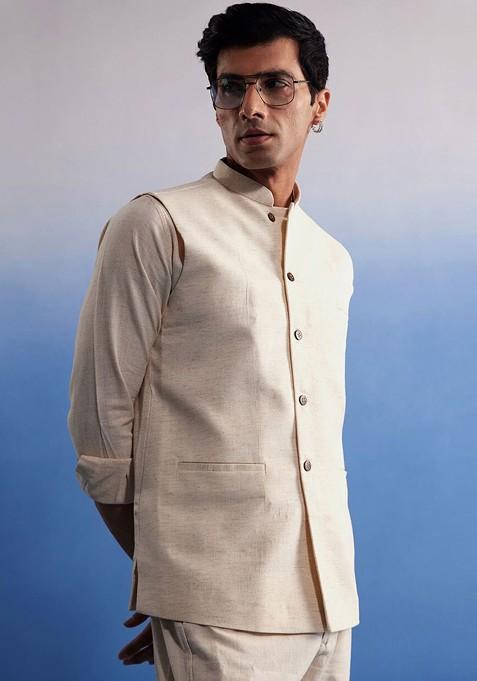 Cream Solid Cotton Nehru Jacket For Men