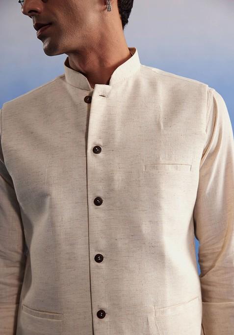 Cream Solid Cotton Nehru Jacket For Men