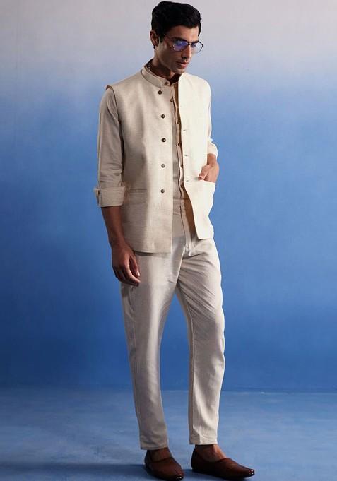 Cream Solid Cotton Nehru Jacket For Men