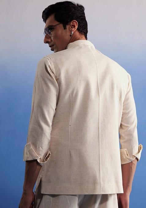 Cream Solid Cotton Nehru Jacket For Men