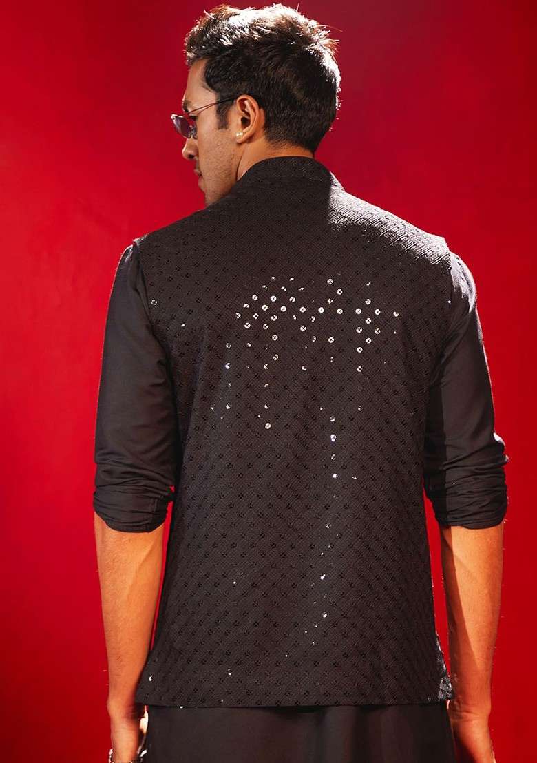 Black Embellished Poly Blend Nehru Jacket For Men - Indya
