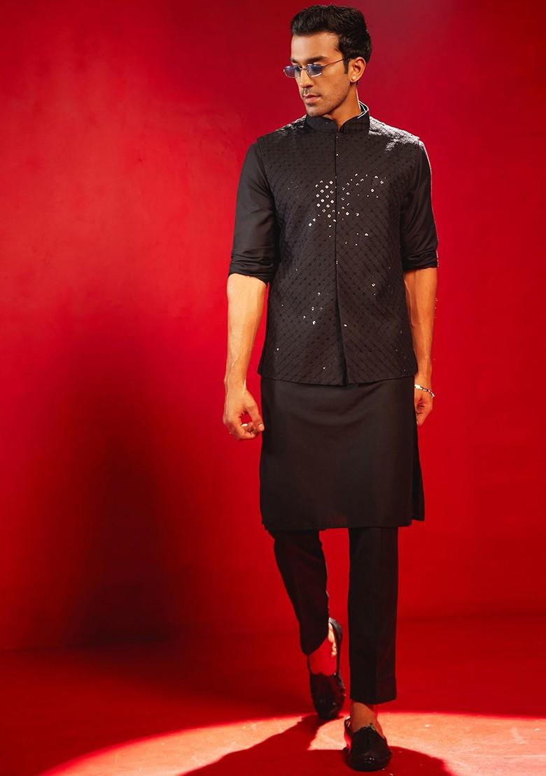 Black Embellished Poly Blend Nehru Jacket For Men