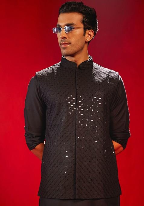 Black Embellished Poly Blend Nehru Jacket For Men — view on Indya