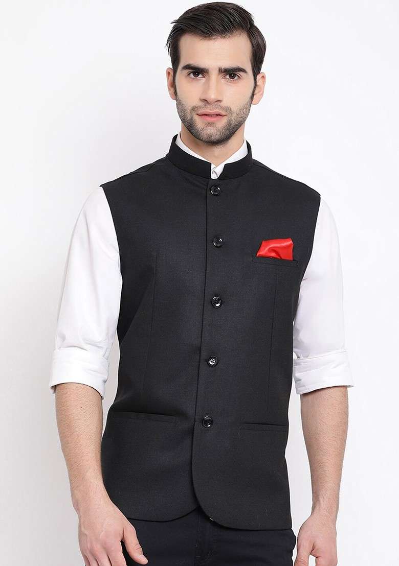 Black Woven Poly Blend Nehru Jacket For Men - Indya