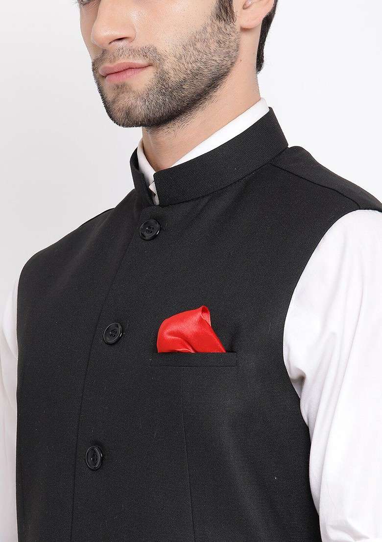 Black Woven Poly Blend Nehru Jacket For Men - Indya