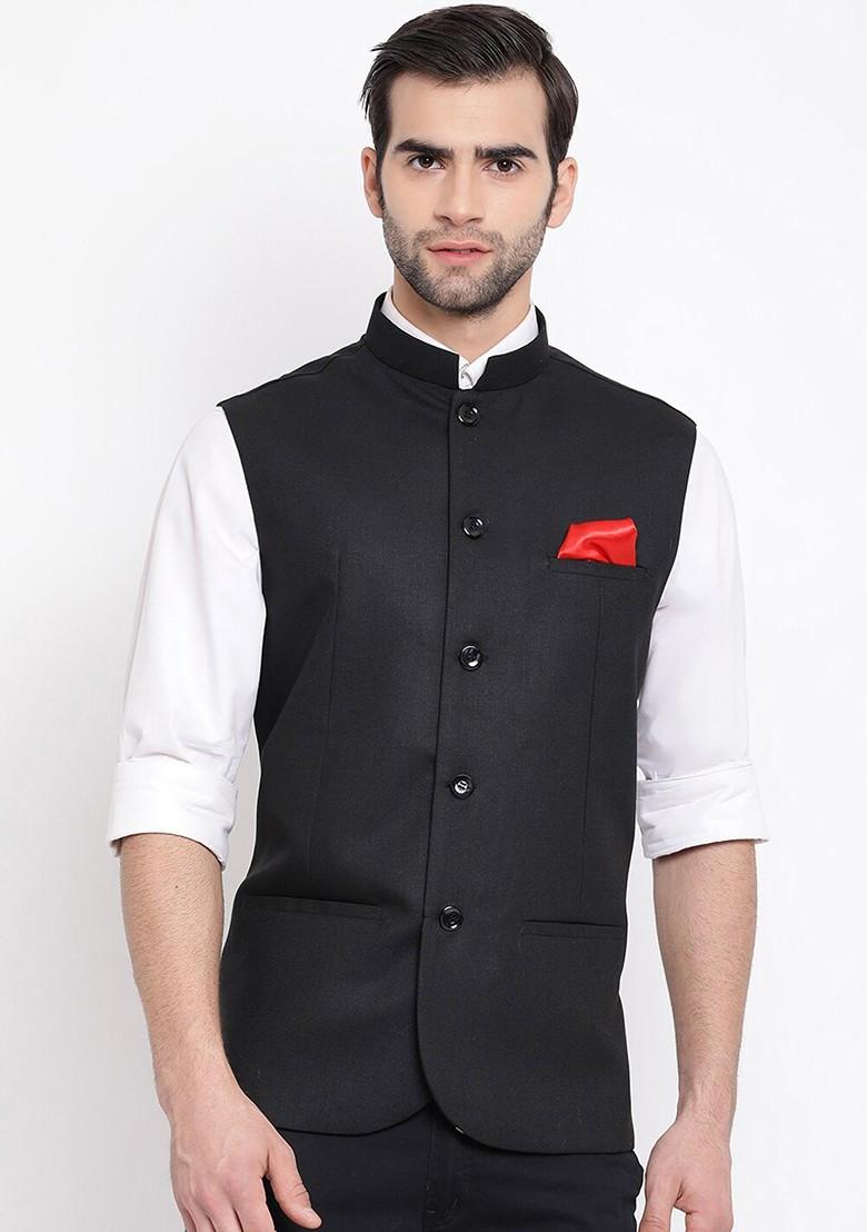 Black Woven Poly Blend Nehru Jacket For Men