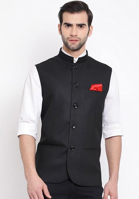 Black Woven Poly Blend Nehru Jacket For Men — view on Indya