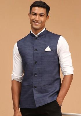 Blue Solid Poly Blend Nehru Jacket For Men