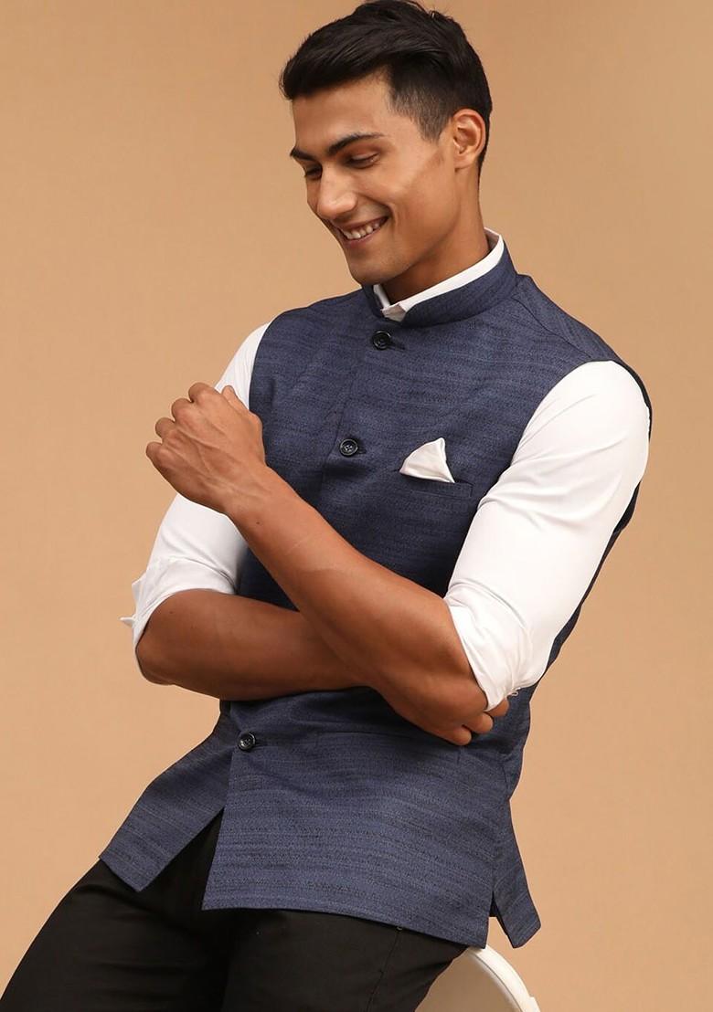 Blue Solid Poly Blend Nehru Jacket For Men
