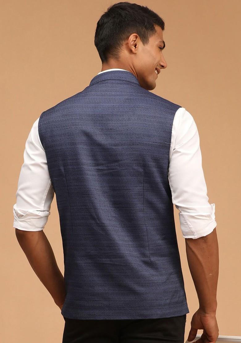 Blue Solid Poly Blend Nehru Jacket For Men