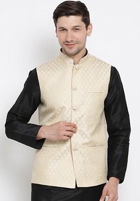 Cream Woven Poly Blend Nehru Jacket For Men