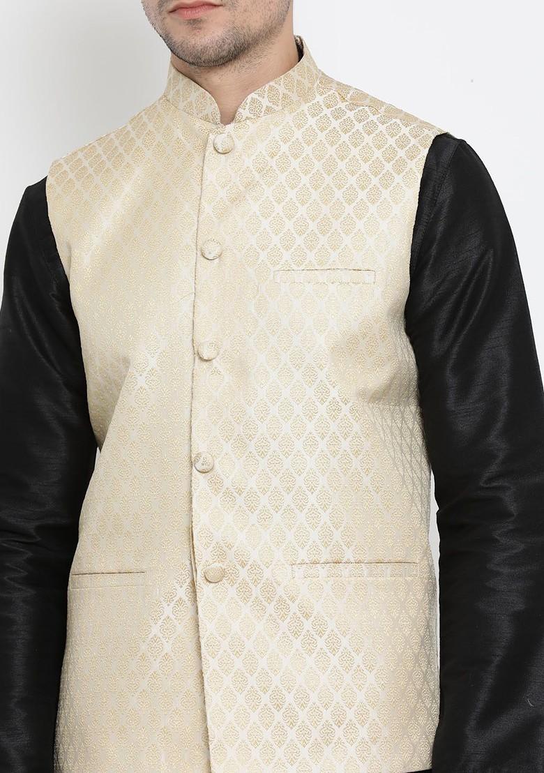 Cream Woven Poly Blend Nehru Jacket For Men