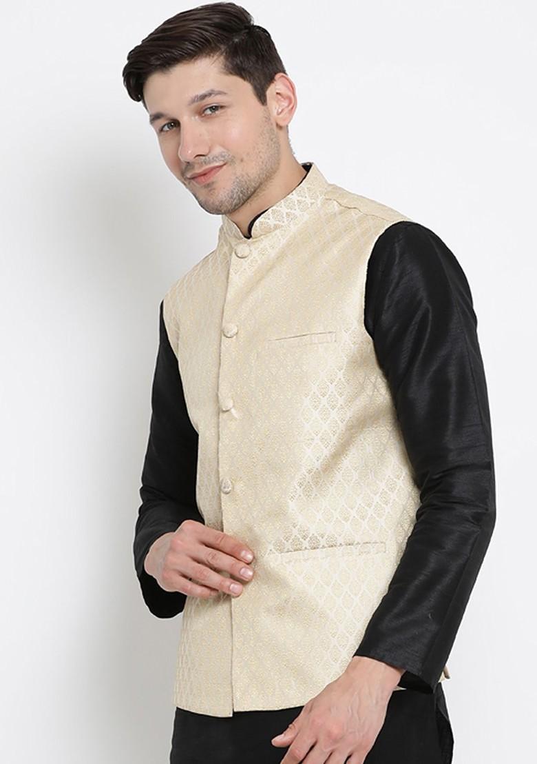Cream Woven Poly Blend Nehru Jacket For Men