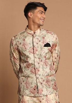 Beige Floral Print Poly Blend Nehru Jacket For Men