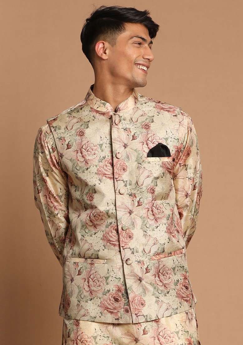 Beige Floral Print Poly Blend Nehru Jacket For Men - Indya