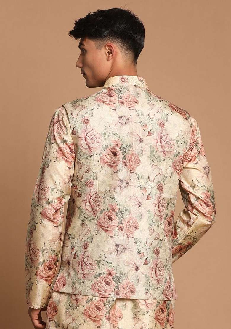 Beige Floral Print Poly Blend Nehru Jacket For Men - Indya