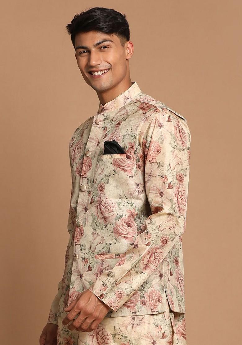 Beige Floral Print Poly Blend Nehru Jacket For Men