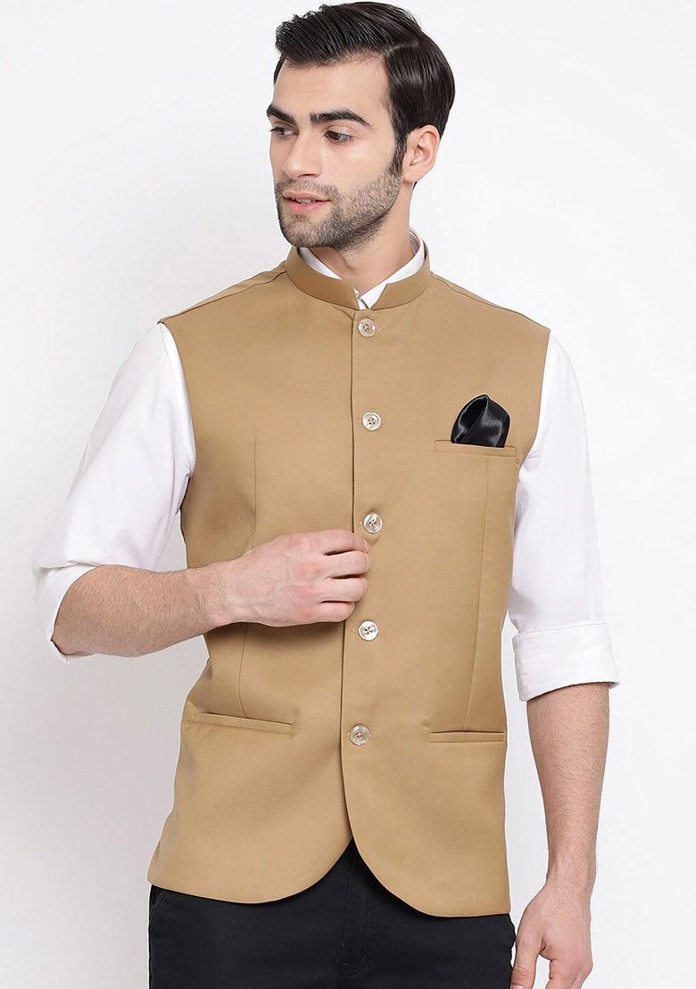 Camel Brown Solid Poly Blend Nehru Jacket For Men