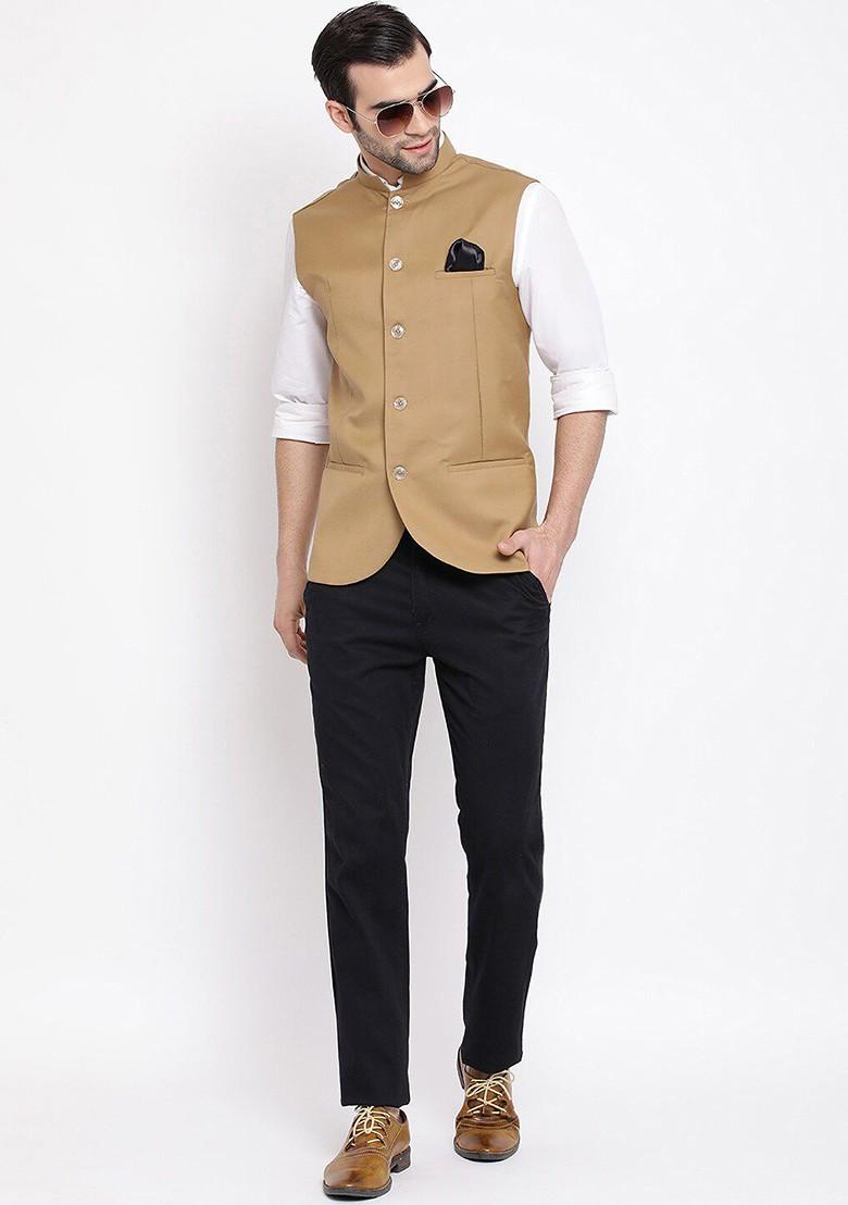 Camel Brown Solid Poly Blend Nehru Jacket For Men