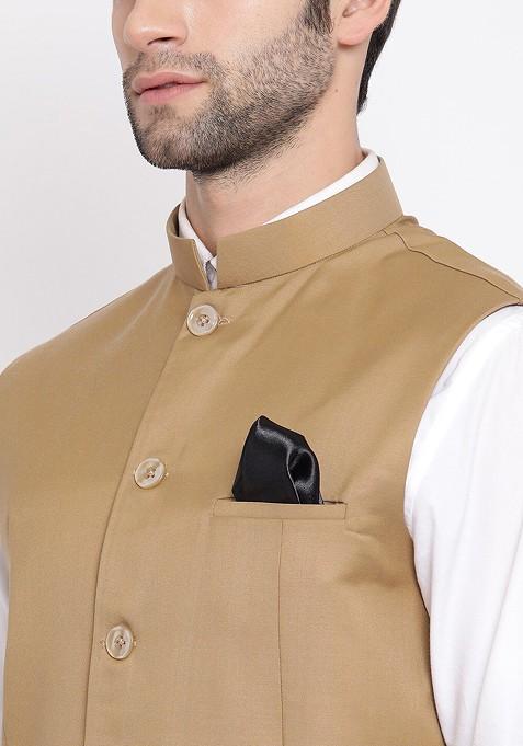 Camel Brown Solid Poly Blend Nehru Jacket For Men