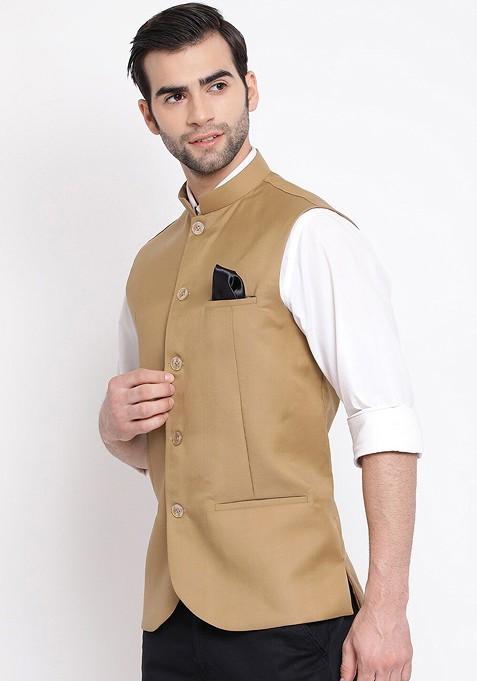 Camel Brown Solid Poly Blend Nehru Jacket For Men