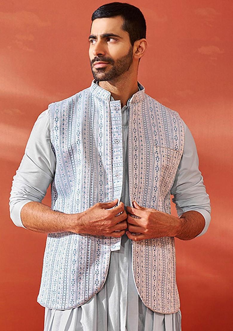Blue Woven Poly Blend Nehru Jacket For Men