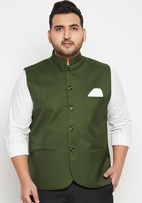 Green Woven Poly Blend Nehru Jacket For Men