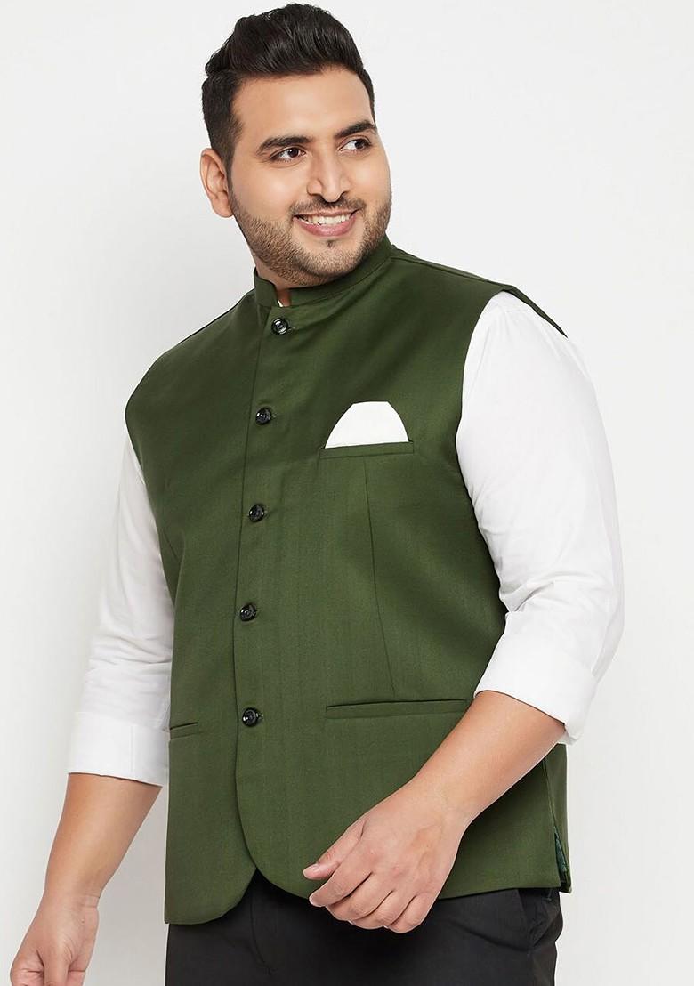 Green Woven Poly Blend Nehru Jacket For Men