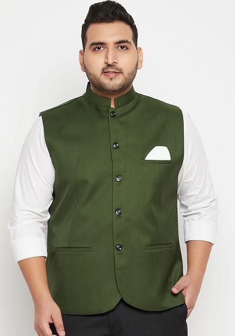 Green Woven Poly Blend Nehru Jacket For Men — view on Indya