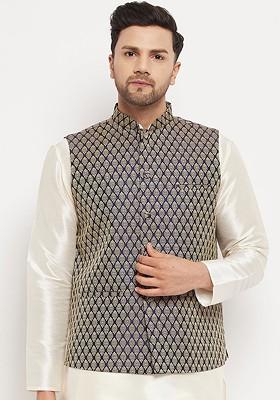 Blue Woven Poly Blend Nehru Jacket For Men