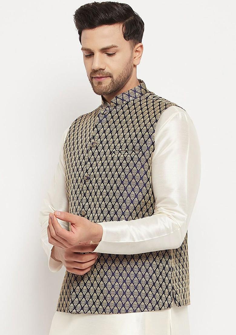 Blue Woven Poly Blend Nehru Jacket For Men