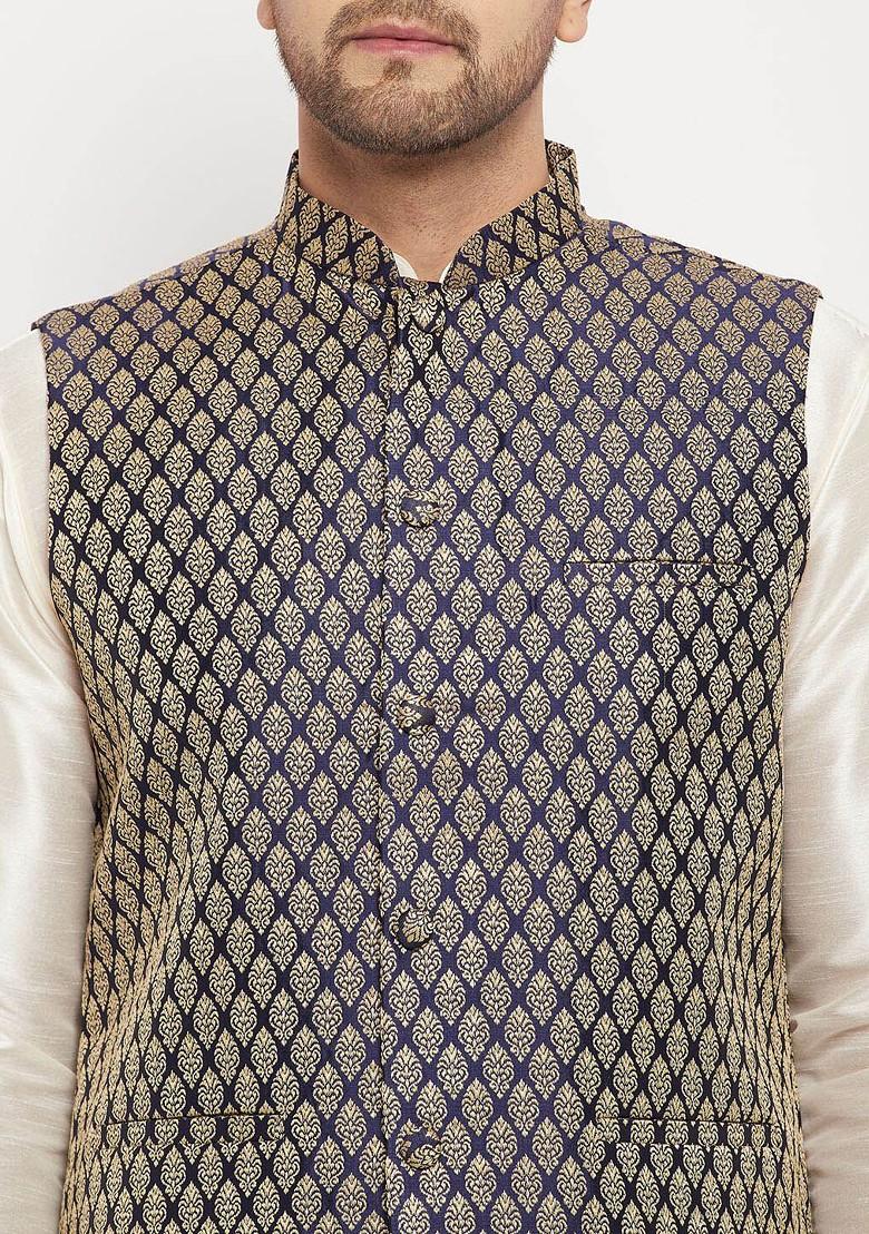 Blue Woven Poly Blend Nehru Jacket For Men