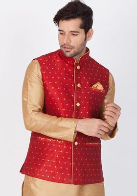Maroon Woven Poly Blend Nehru Jacket For Men